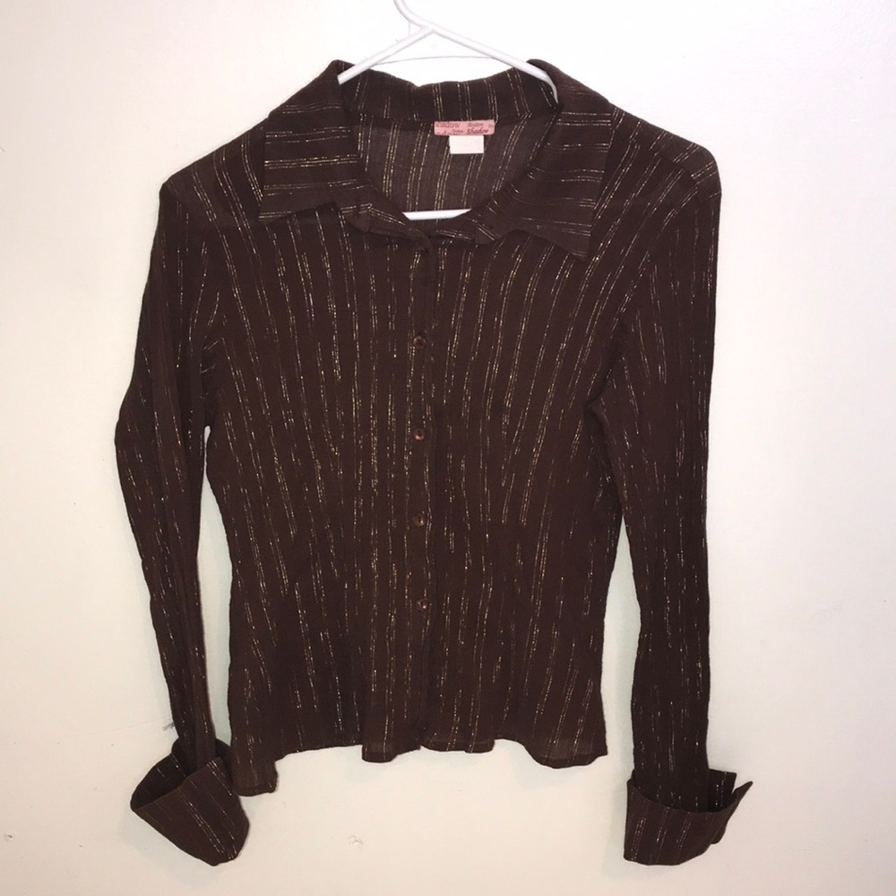 Shadow brown & gold striped button shirt for women